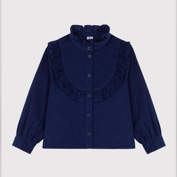 Petit Bateau Blue Ruffled Button Down Long Sleeve Shirt Size 5 Girls - Picture 1 of 6